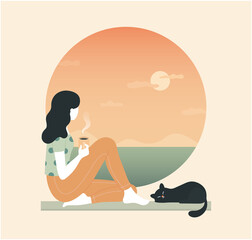 Fototapeta premium Young thoughtful woman drinking coffee and looking through window while sitting on windowsill at home. cat, tea, sunset, cloud, sea, ocean. Thinking, meditating, relaxed concept. Vector illustration.