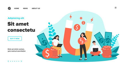 People attracting money with magnet flat vector illustration. Man and woman with laptop taking fast loan online. Lady holding magnet for attraction income. Wealth and investment concept