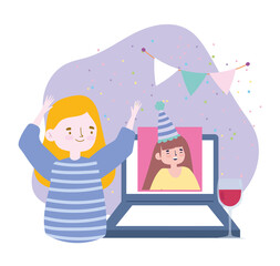 online party, meeting friends, women talking with video call on laptop happy birthday celebration