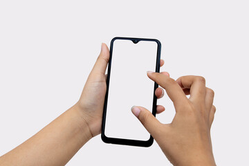A woman is carrying a black smartphone with a blank screen and a modern, borderless design. Angle and vertical - separate on a white background
