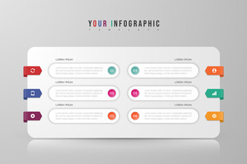 Infographic concept design with 6 options, steps or processes. Can be used for workflow layout, annual report, flow charts, diagram, presentations, web sites, banners, printed materials.