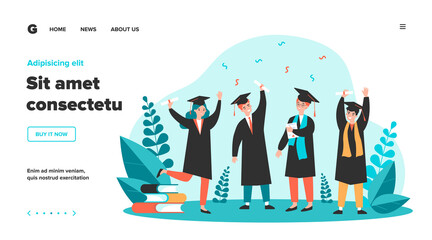 Happy graduated students flat vector illustration. Cartoon girls and guys celebrating academic diploma degree. Education and university certificate concept