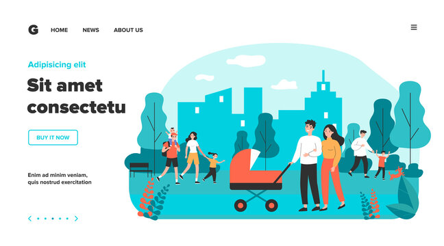 Happy family walking in park flat vector illustration. Cartoon young mothers and fathers with kids outdoors. Weekend, cityscape and lifestyle concept