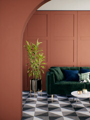 Room Interior design with Green Sofa. room mockup stylish, Modern Retro living room interior 3d render illustration