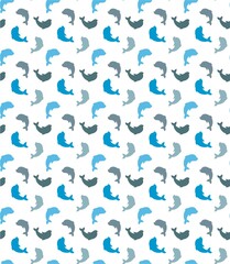 Obraz na płótnie Canvas Seamless pattern with blue and gray Dolphins that swim. Cute Marine pattern for fabric, baby clothes, background, textile, wrapping paper and other decoration. Vector .wallpaper in scandinavian style.