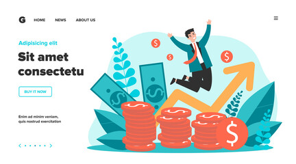 Happy banker jumping over coins flat vector illustration. Cartoon rich businessman celebrating finance growth. Market and income chart concept