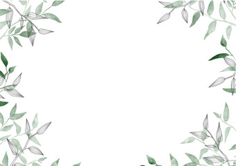 Leaves minimalistic vector frame. Hand drawing plants, branches, Herbal. Greenery wedding square invitation. leaf, Watercolor, line drawing style. Modern neutral design for poster, card.