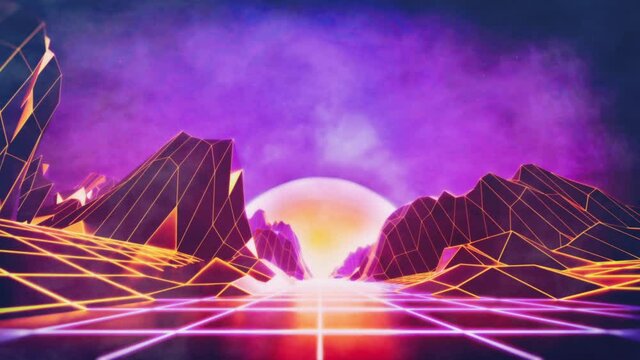 neon road with sunset and synth wave and retro wave style graphics 