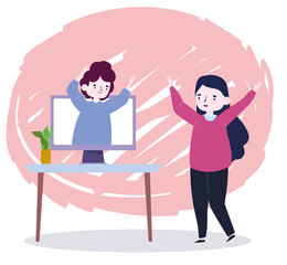 online party, meeting friends, woman dancing and man in screen computer cleebrating