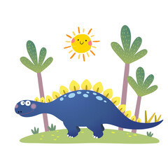 Vector illustration of cartoon Stegosaurus dinosaur on white background.
