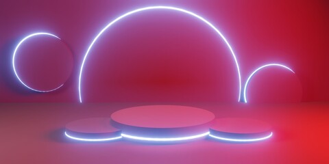pink Cylindrical strep shine podium with cylinder shapes on a pink background. Backdrop design for product promotion. 3d rendering