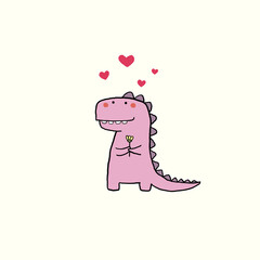 Hand drawn Valentine’s day card with cartoon little cute dinosaur holding a flower with heart. Vector illustration for poster or print decoration.