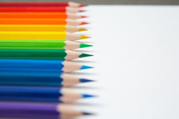 Selective focus of Pattern Colorful  Many colored pencils on a white background and copy space