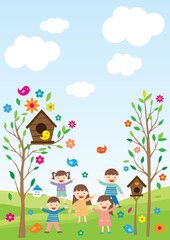 Obraz na płótnie Canvas Background with nature and children.Background related to children.The House of Birds on the Tree and the Children.