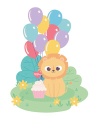 Obraz na płótnie Canvas happy birthday, cute little lion with party hat balloons and cupcake celebration decoration cartoon