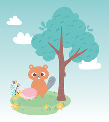 Obraz na płótnie Canvas cute little beaver and hedgehog on grass with flowers and tree cartoon