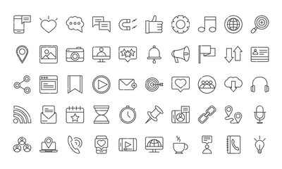 social media digital internet network communicate technology line style icons set