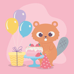 happy birthday, cute beaver with cake gift party hat and balloons celebration decoration cartoon