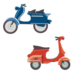 Retro scooter. Side view. Detailed image of an old motorcycle. Moped vector illustration isolated on white.