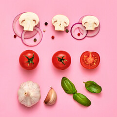 Tomato, basil, spices, champignons, onion. Vegan diet food, creative composition on pink. Fresh basil, herb, cherry tomatoes, mushrooms layout, cooking sauce colorful concept, top view.