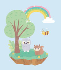 Obraz na płótnie Canvas little squirrel owl and bee animals flowers tree cartoon