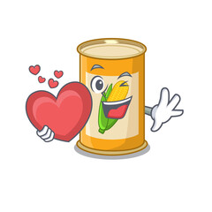 A sweet corn tin cartoon character style holding a big heart