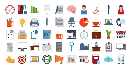 office supply stationery work business flat style icons set
