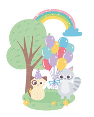 happy birthday, cute raccoon dog with balloons rainbow celebration decoration cartoon