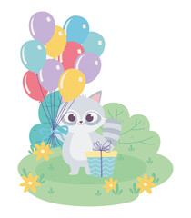 Obraz na płótnie Canvas happy birthday, cute raccoon with bunch balloons and gift celebration decoration cartoon
