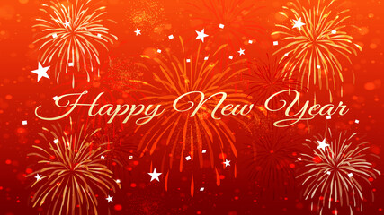 Happy New Year Celebration Text with Festive Fireworks Collage in red background	