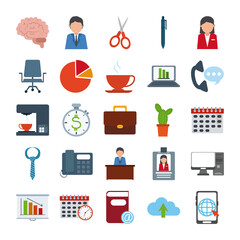 office supply stationery work business flat style icons set