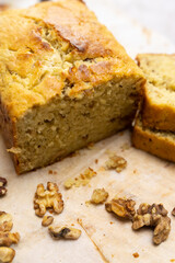 Homemade banana walnut loaf or pound cake ready to be served