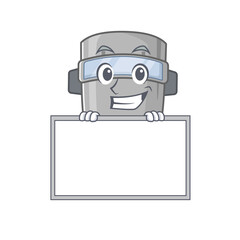 Welding mask cartoon design style standing behind a board