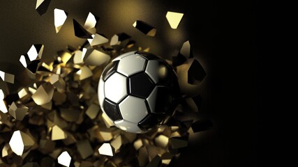 Soccer ball crash golden wall and the wall was cracked. 3D illustration. 3D high quality rendering. 3D CG.