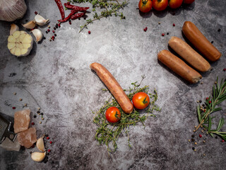 concept of penis type. sausage in different size with tomato and thyme.