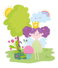little fairy princess with crown mushroom rainbow tree tale cartoon