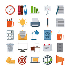 office supply stationery work business flat style icons set