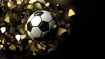 Soccer ball crash golden wall and the wall was cracked. 3D illustration. 3D high quality rendering. 3D CG.