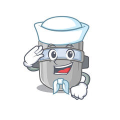 Smiley sailor cartoon character of welding mask wearing white hat and tie