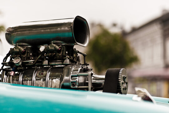 Engine Of A Vintage Chevrolet Bel Air Coupe Dragster