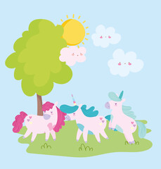 Obraz na płótnie Canvas little unicorns clouds sun tree fantasy magic animal cartoon