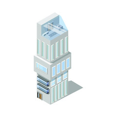  A tall gray building with panoramic Windows. Modern building, isometry. Architecture