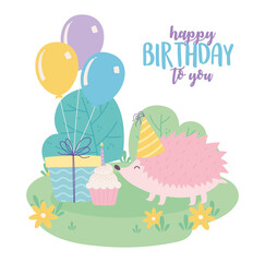 happy birthday, cute hedgehog with gift cupcake and balloons celebration decoration cartoon