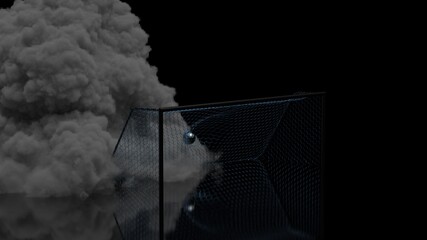 Silver-blue Soccer Ball in the Goal Net under black-white lighting with dark toned foggy smoke background. 3D illustration. 3D CG. High resolution.