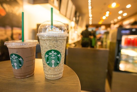 Jakarta, Indonesia : July-19-2018 : Java Chip Frappuccino on the table in Starbucks coffee shop.