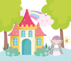 little fairy princess with magic wand castle and rainbow tale cartoon