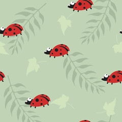 Vector seamless pattern with cute ladybugs. Light green background