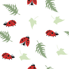Obraz na płótnie Canvas Vector seamless pattern with cartoon ladybirds in foliage. White background