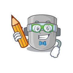 A clever student welding mask cartoon character study at home