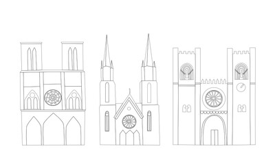 Vector set of three different gothic churches. Outlined, isolated, white background